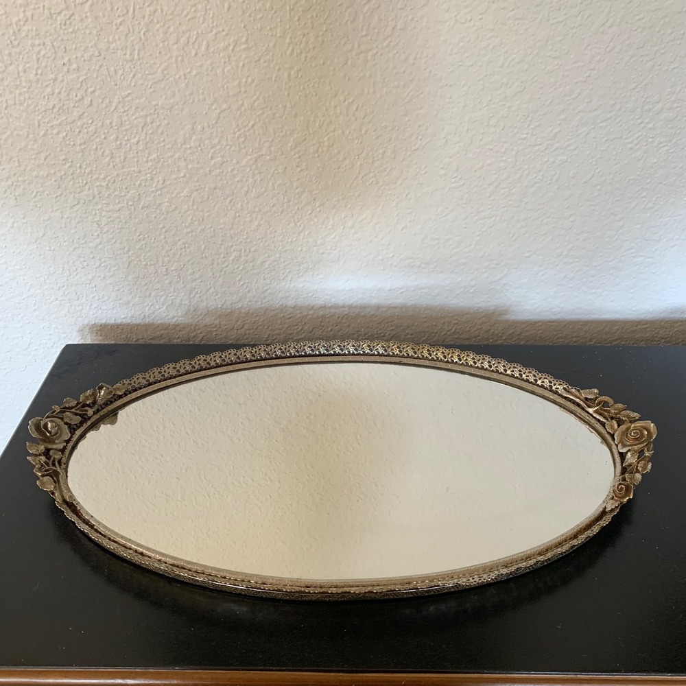 Vintage Oval Mirrored Vanity Tray Gold Filigree Rose Floral Border Ornate Mirror